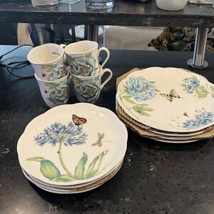 Lenox Butterfly Meadow Blue 12 piece Dinnerware set BONUS Tea Kettle
